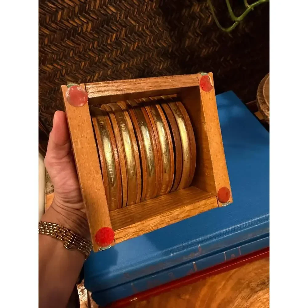 Vintage Mid Century Wood & Brass Coaster Set with Holder, Drink Coasters Set